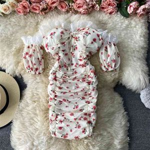 Осенние французские платья без плеча сексуальные открытые сгибы бедра тонкие цветочные короткими Vestidos женщины de mujer UK429 210507