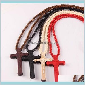 Pendants Wooden Cross Pendant Necklaces Christian Religious Wood Crucifix Charm Beaded Chains For Women Men Fashion Jewelry Gift Drop