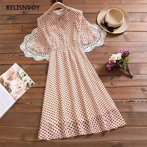 Chic Yaz Elbiseler Kadın V Yaka Dantel-up Şifon Ruffles Polka Dot Baskılı Midi Elbise Zarif Retro Eğlence Parti Robe Femme 210520