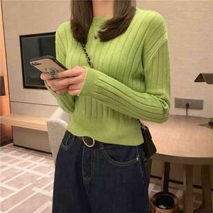 Jesień Zima Sweter damski Koreański Retro Solidna Kolor Okrągły Szyi Pullover Top Slim Długoszemiony Dzianiny Dolny Topy LL447 210506