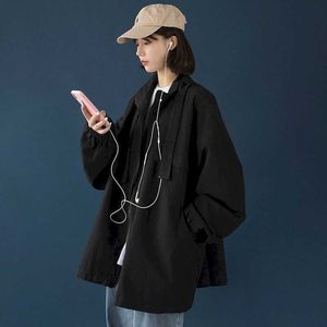 Workwear Jacket 여성 한국어 버전 느슨한 레트로 홍콩 풍미 학생 가을 블랙 캐주얼 Workwear 210526