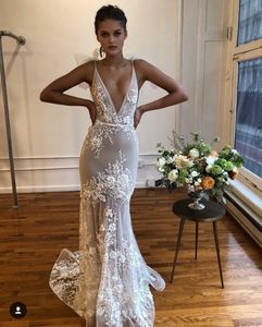 Boho Mermaid 2021 Wedding Dresses Sexy Backless Bridal Gown With 3D Floral Applique Sweep Train Plunging V Neck Custom Made Beach Vestido De Novia estido