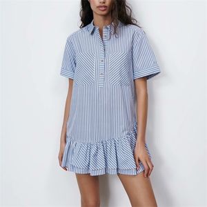 女性の夏の縞模様のシャツのミニドレス半袖ポケットカスケードフリルカジュアルな女性の甘いドレス服服210513