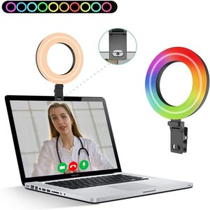 RGB LED Selfie Ring Light Videoconferência luz com suporte de clipe para smartphone tablet laptop webcame lâmpada de preenchimento para selfie video