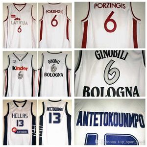 NCAA Grecia Dwayne Hellas Giannis Antetokounmpo Maglie 13 Italia Kinder Bologna 6 Manu Ginobili Latvija Kristaps Porzingis Basket Bianco