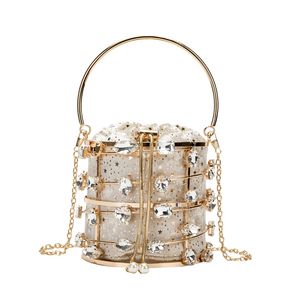 Evening Bag Metal Hollow Bucket Crystal Wedding Clutch Purse For Women Small Party Handbag With Metal Handle