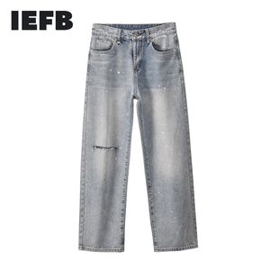IEFB koreanische Splash-Tintenloch Jeans vielseitige Ins-hohe Taille lose gerade Röhre breite Beinhose für Männer Feder 9Y5255 210524