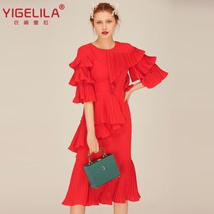 Wczesna Jesień Moda Sexy Red Round Neck Wzburzyć Druhna Szczupła Plisowana Sukienka Kobieta 62436