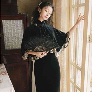 Black Velvet Embroidery Long Women Dress Spring Elegant Improved Cheongsam Sheath Evening Party Night Two Piece Set 210603