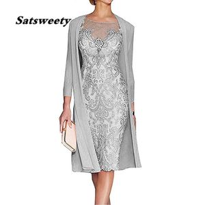 Pink Luxury Beads Mother of the Bride Dresses 3 4 Sleeves Tea Length Lace Wedding Dress with Jacket Formal Evening Gowns174u