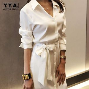 Casual Dresses Office Ladies White Shirts Dress Party Maxi Long Sexy High Split Women Belted Slim Waist Boyfriend Shirt