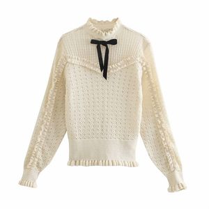 Sweet Women Ruffle Collar Knitted Sweater Spring-autumn Fashion Ladies Knitwear Cute Female Bow Decoration 210515