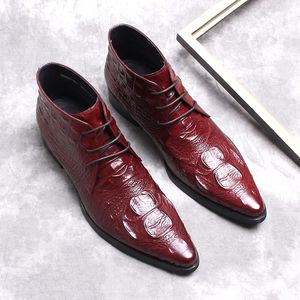 Bottines Chelsea de luxe en cuir véritable pour hommes, bottines de haute qualité à lacets, bout d'aile, marron et noir, chaussures habillées en Crocodile