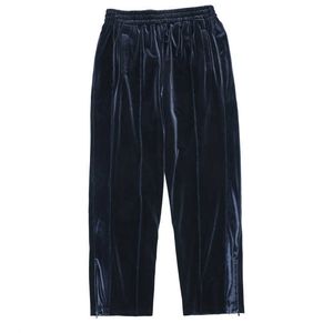 Calças masculinas moda marca gl zhang yixing mesmo veludo zíper logo perna larga com costura lateral calças casuais para homens e mulheres