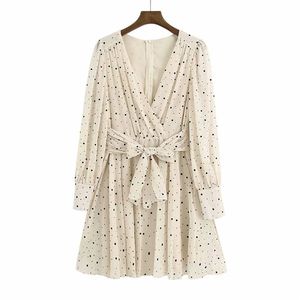 Summer Women Chiffon Dot Mini Dress Vintage Long Sleeve V-Neck Sashes Bow Tie Lining es Female Elegant vestidos 210513