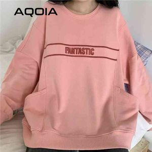 Autumn Casual Letter Embroidery Female Pullover Oversize Long Sleeve pocket Women Sweatshirt Hoodies Plus Size Clothing 210521