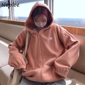 Neploe Solid Color All-match Hooded Sweatshirts Casual Cartoon Pattern Femme Hoody Double Pockets Zip-up Hoodies Women 210423