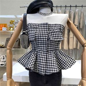 Letnie Kobiety Czarna Plaid Elegancki Sweet Off Ramię Bez Ramiączek Ruffles Plised Top Fashion Party Prom 16W1001 210510