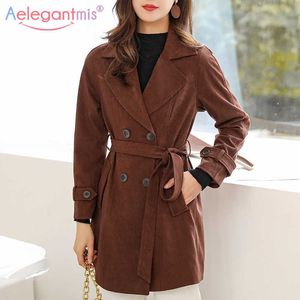 Aelegantmis in tessuto in pelle scamosciata Trench lunghi casual a doppio petrolio con cintura da donna chic vestiti autunnali outwear di giacca a vento 210607