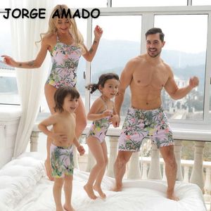 Summer Family Matching 5-pcs Sets Swimwear + Floral Trunks +One Peice Sling Bikini Swimsuit E005 210610