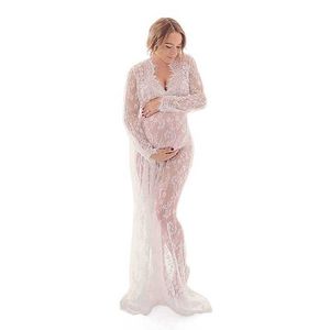 Vネックレース妊娠ドレスファンシーシューティング写真妊娠中の服の写真小道具マキシマタニティガウンマタニティ服Q0713
