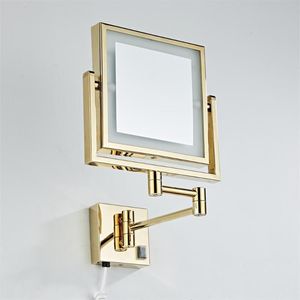 Mirrors Dressing Mirror 8 Inch Two Side 3X /1X Wall Mounted Gold Square LED Folding Brass Makeup Cosmetic Lady Gift