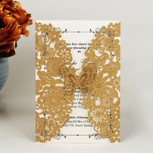 Papillons Coupés Au Laser achat en gros de Cartes de voeux Wishamde Glitter Gold Gold Cut Med Wedding Invitations Carte avec des motifs de fleurs de dentelle de papillon pour la douche de bébé anniversaire