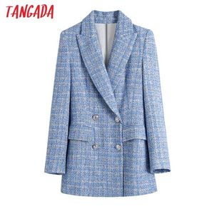 Tangada Kobiety Podwójne Breasted Tweed Blue Blazers Płaszcz Office Lady Długie Rękaw Kieszenie Kobiet Odzież Odzieży BE508 211006