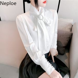 Neploe Blusas De Mujer Office Lady Elegant White Blouses Women Lace Up Bow Puff Sleeve Chiffon Blouse Female Elegant Shirt Tops 210422