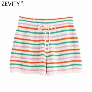 Zevity Women Fashion Färgglada Striped Stickning Sommar Shorts Femme Chic Lace Up Waist Casual Pantalone Cortos P1112 210714