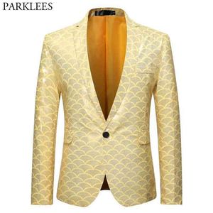 Glänsande guld fisk skala glitter kostym jacka män en knapp smal passform gul klänning blazers mens party scen prom blazer masculino 210522