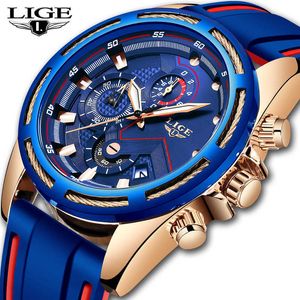 Relogio Masculino Lige Sport Chronograph Mens relógios Top Marca Luxo Silicagel Data à prova d'água relógio de quartzo relógio relógio 210527