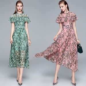 Runway Women's Ruffles Kortärmad Sommar Maxi Chiffon Fashion Forest Leaves Print Holiday Green Pink Klänningar har foder 210514