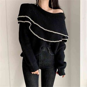 가을 겨울 다목적 성숙한 스타일 더블 로터스 칼라 밝은 실크 헤머 니트 풀오버 여성 패션 한국어 스웨터 210514