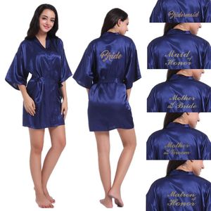 Женская одежда для сна Темно-синий халат Золотое кимоно с надписью Свадебная вечеринка Подружка невесты Сестра Мать жениха Халаты невесты Свадебный подарок
