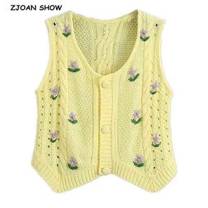 Cardigan senza maniche con fiori all'uncinetto a mano da donna alla moda, gilet retrò lavorato a maglia, maglione giallo, abiti coreani 210429