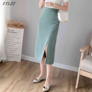 Office Lady High Waist Black Medium Pencil Skirts Spring Summer Casual Female Split Solid Color Slim Fit Skirt 210430