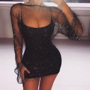Casual Dresses Spaghetti Strap Transparent Fishnet Dress Women Sexy Party Nightclub Bodycon Summer Stylish Black Tight Mini