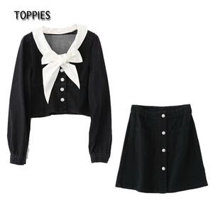 Toppies Süße Fliege Denim Blusen Tops Frauen Jeans Zwei Stück Set Hohe Taille Rock Mode Streetwear 210412