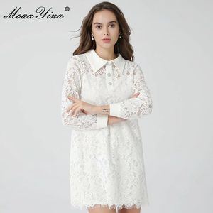 ファッションデザイナードレス夏の女性のドレス長袖ホワイトレースドレス210524