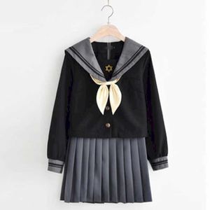 Svart Sailor Suit Långärmad Kawaii Girl's JK Uniform Spring Höst Kvinna Skola Kärlek Klass College Stil 210526