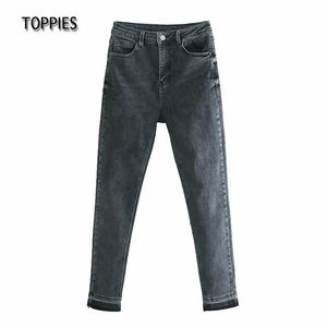 Calças de brim magro preto cinza calças de cintura alta calças mulheres calças streetwear feminino denim 210421