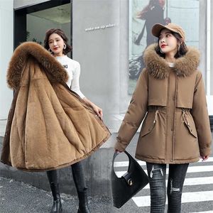 女性の厚いジャケットの冬の暖かいコート韓国の中長綿フリースライナーファーカラープラスサイズパーカー211008