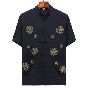 Drukuj Koszula Męskie Chińskie Styl Tradycyjne Koszulki Casual Mężczyźni Kung Fu Koszulka Mandarin Collar Krótki Rękaw Tang Suit Camisa 210524