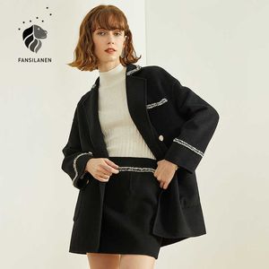 FANSILANEN Schwarzes lässiges zweiteiliges Set aus 100 % Wolle Damen eleganter Rock mit hoher Taille und Top Herbst Winter passender Anzug S 210607