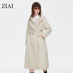 Ziai女性秋のキルティングジャケット女性長い薄い綿のトレンチコートフード付き隠しボタンベルトエレガントなウインドブレーカーZM-7285 210923