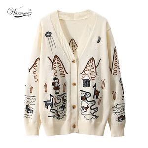 Spring High Quality Fashion Embroidery V-Neck Oversized Cardigan Long Sleeve Single Breasted Button Knitted Sweater C-092 210918
