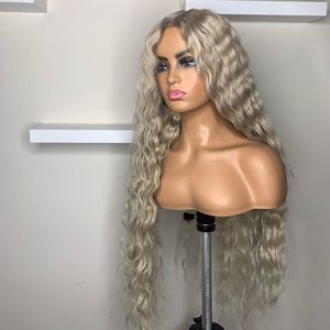 Long Blonde Synthetic Lace Front peruca cinza pré -arrancada Simulação frontal de onda profunda perucas de cabelo humano para mulheres