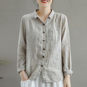 Johnature Höst Bomull Linen Retro Striped Turn-down Collar Långärmad Shirt Fritid Single Breasted Women Tops Shirt 210521