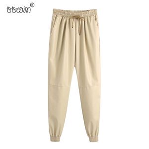 BBWM Kadınlar Moda Faux Deri Koşu Pantolon Vintage Yüksek Elastik Bel İpli Ayak Bileği Pantolon Pantalones Mujer 210520